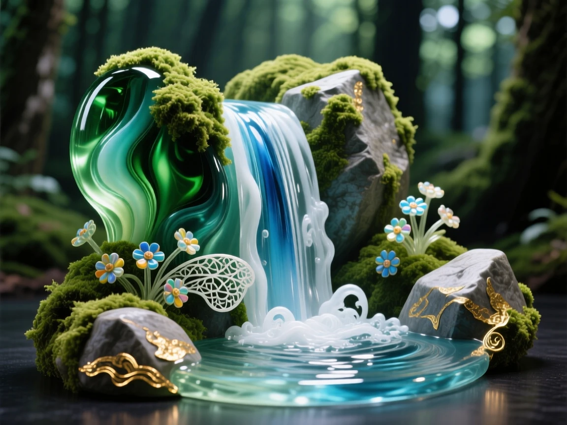 A quiet forest waterfall tumbling over moss-covered rocks, peaceful and refreshing.
