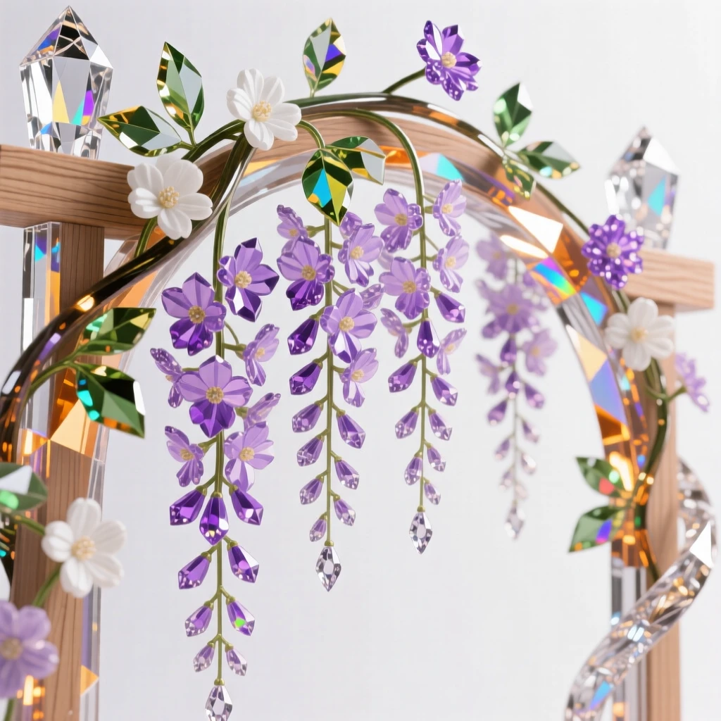 A cascading wisteria vine draped over a wooden garden arch in full bloom.