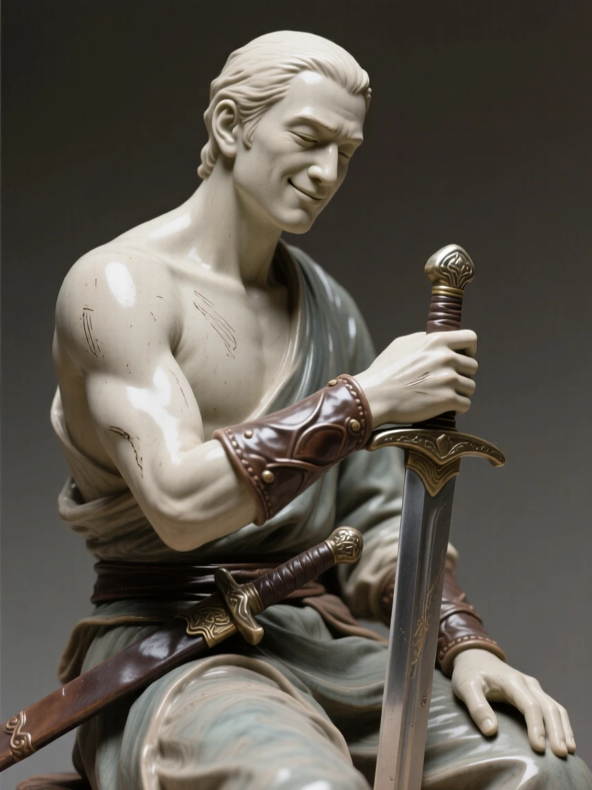A warrior resting his hand on a sheathed sword caught in an intimate, unguarded moment, with a serene, knowing half-smile, evoking tenderness and quiet intimacy.