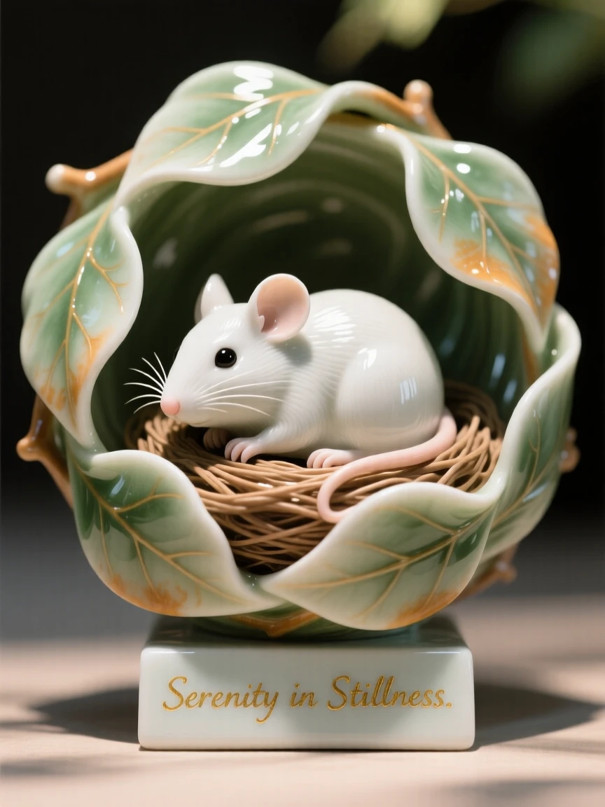 A tiny mouse tucked into a nest of soft leaves, bathed in warm dappled sunlight.