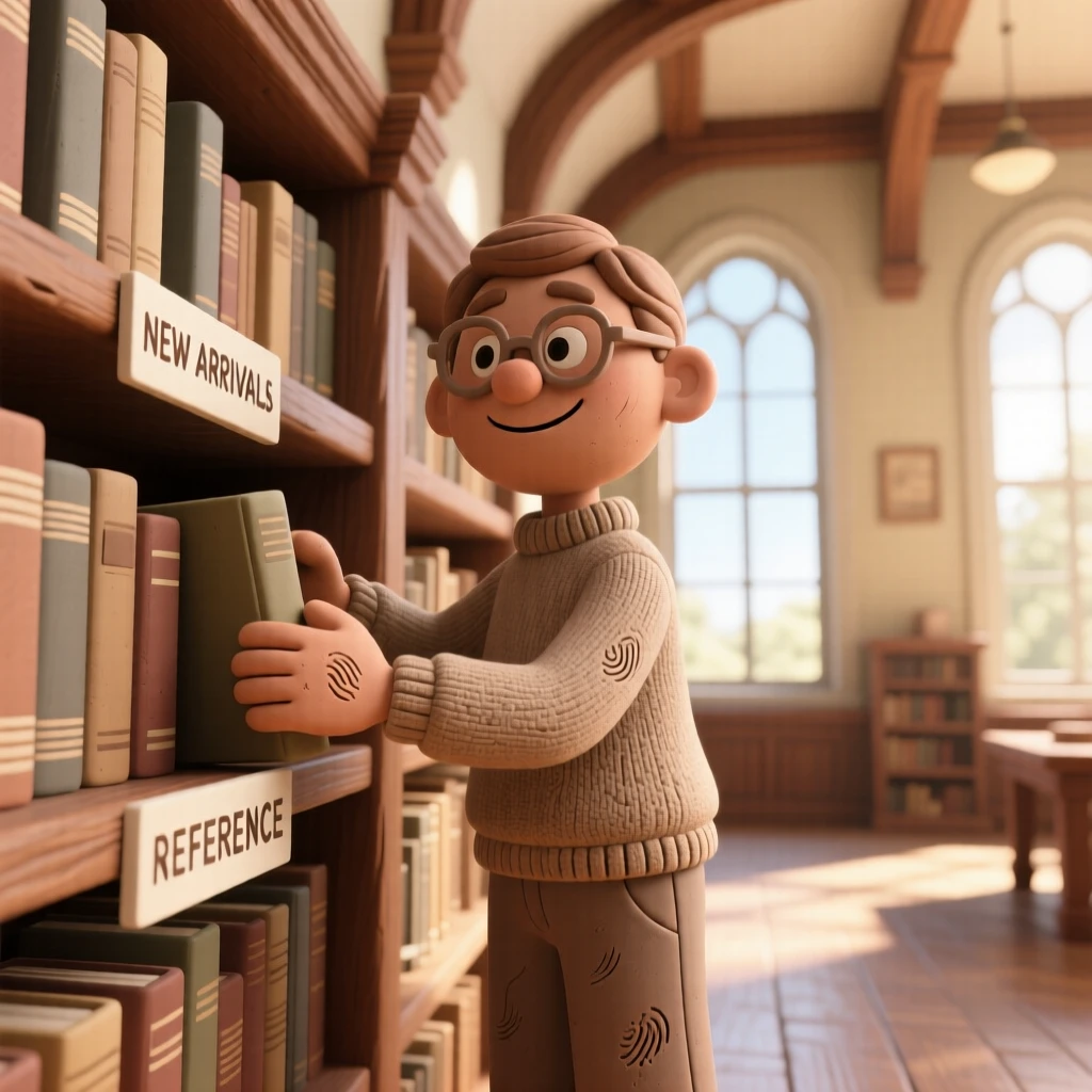 A librarian shelving books in a grand, sunlit reading room