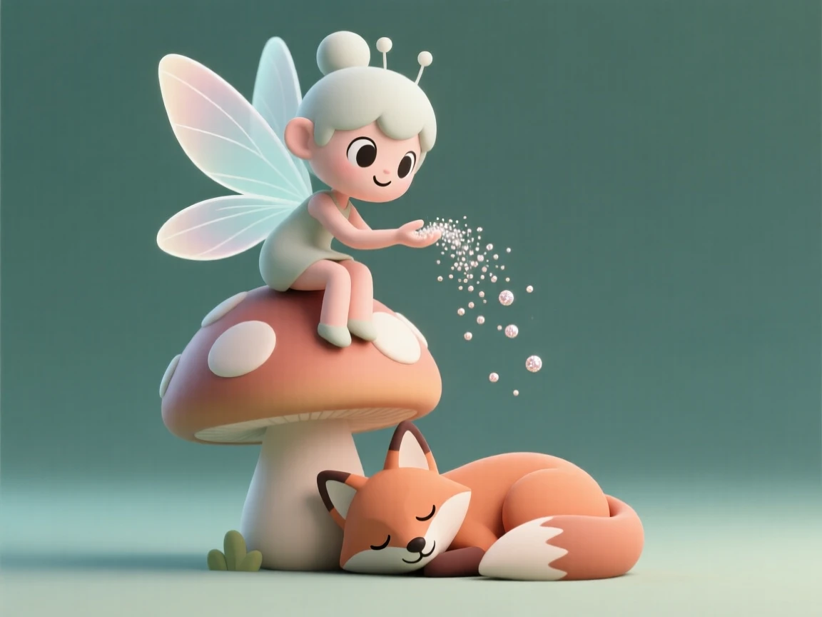 A mischievous forest fairy with translucent wings perches on a mushroom, sprinkling glittering dust over a sleeping fox.