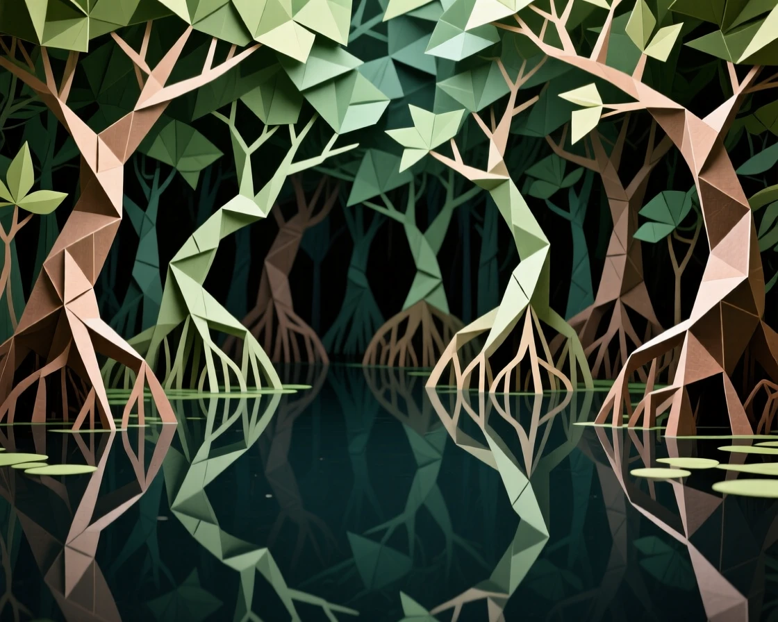 A dense mangrove forest with roots reflected perfectly in still, dark water.