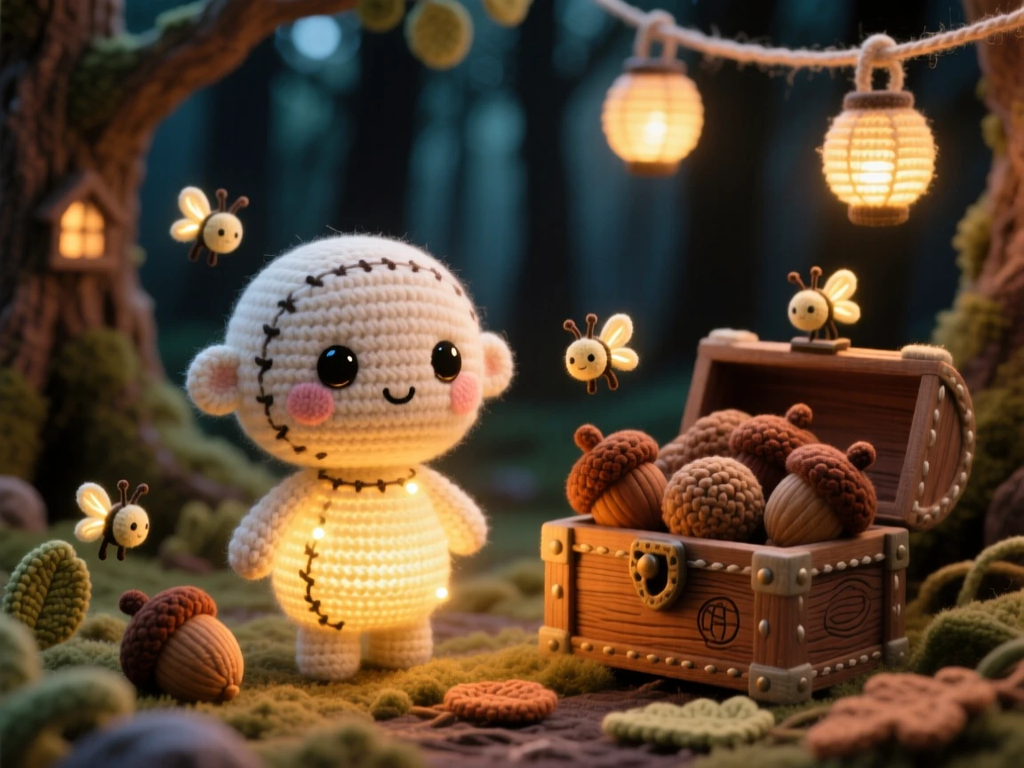 In a sunlit treetop village strung with lanterns, a tiny lantern spirit glowing with a warm flickering light is captured guiding fireflies through a dark forest, surrounded by a small wooden chest overflowing with acorns, filled with a sense of gentle magic and quiet wonder.