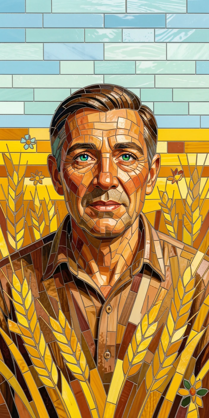A close-up emotional portrait of a farmer walking through golden wheat fields at harvest time, with striking eyes and gentle expression.