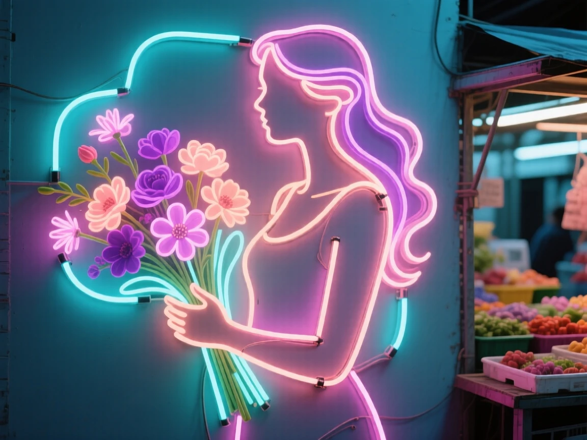 A woman with an armful of fresh flowers standing in a market stall.