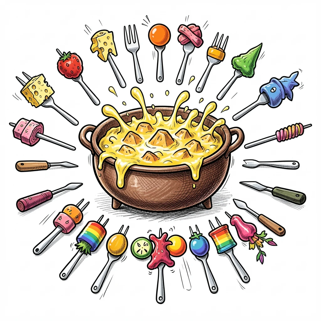 A bubbling cheese fondue pot arranged in a neat rainbow row.