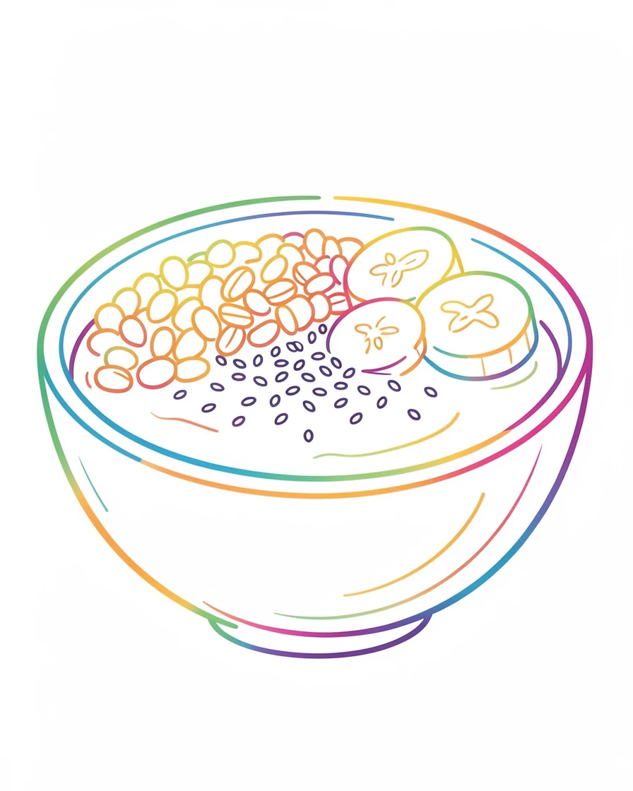 A colorful smoothie bowl topped with granola, banana slices, and chia seeds.