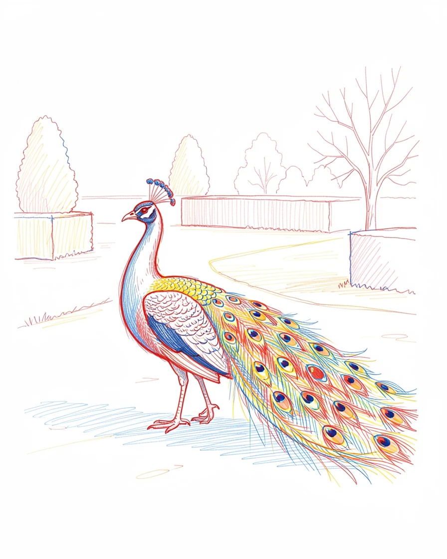 A majestic peacock strutting through a formal garden in full display