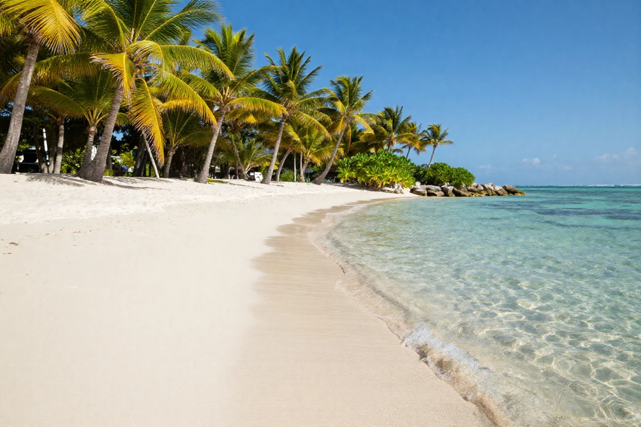 A pristine white sand beach with turquoise water and palm trees