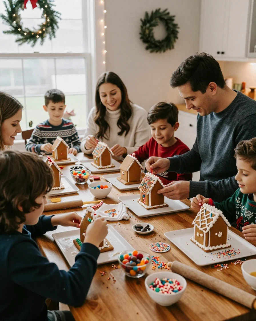A family decorates gingerbread houses together at a table covered in icing and sprinkles.