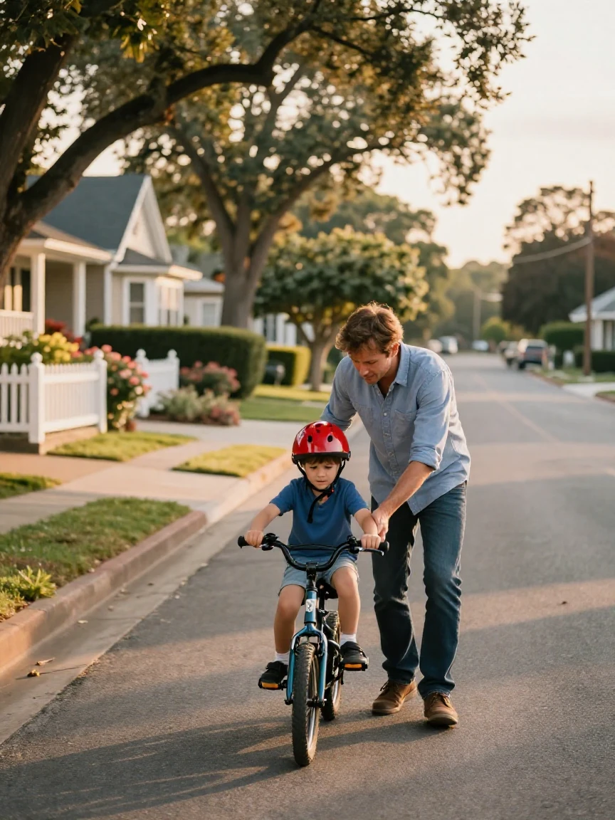 A father teaching his son to ride a bicycle down a quiet suburban street