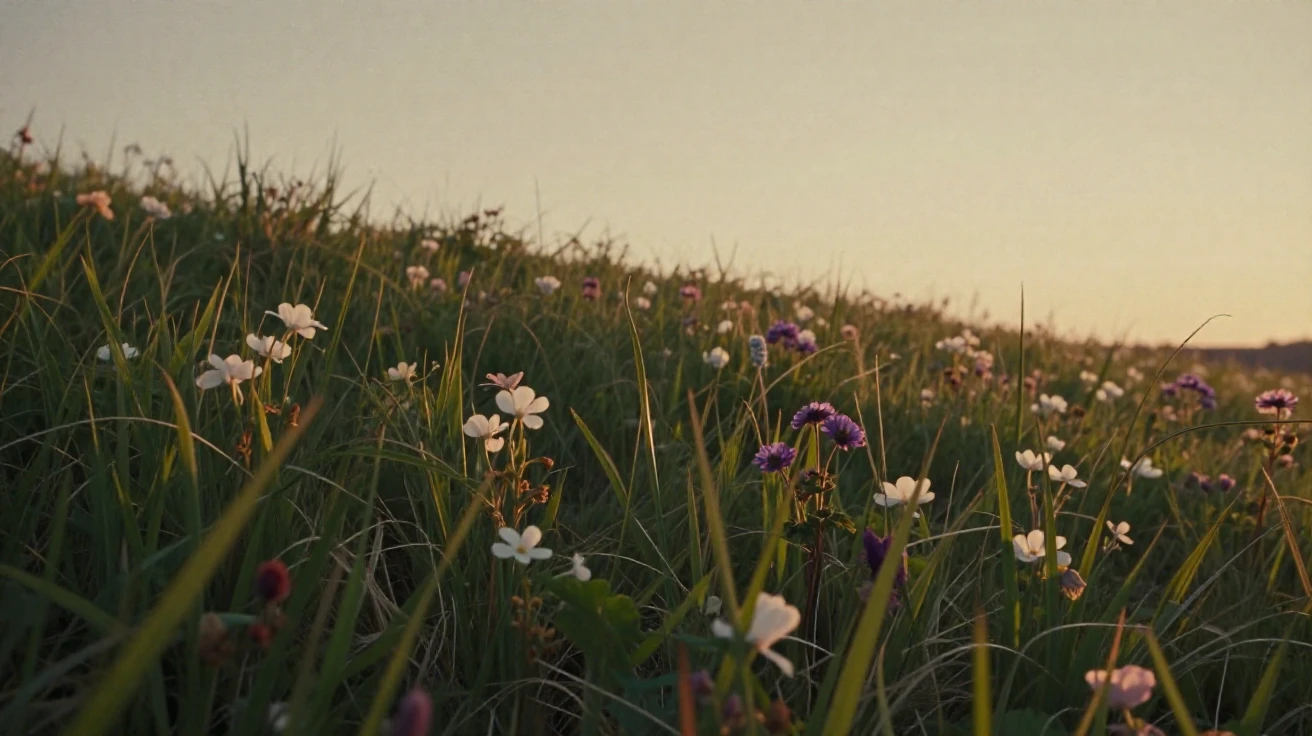 A meadow bursting with fresh green grass and scattered wildflowers, under a glowing sunset sky, on a clear, cloudless day, in early spring, with a soft sepia-tinted glow, from a three-quarter angle.