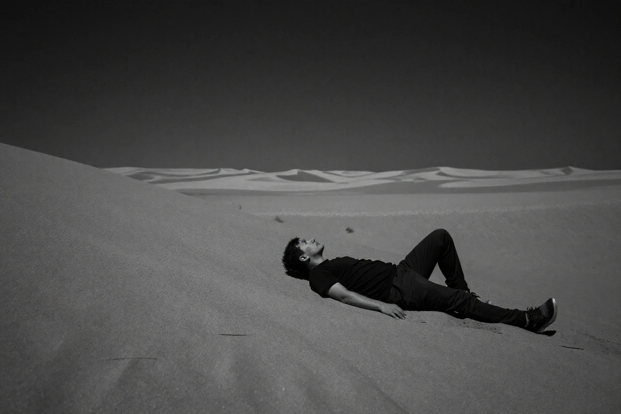 A stargazer lies back on a dune to watch the sky across a quiet desert at night.