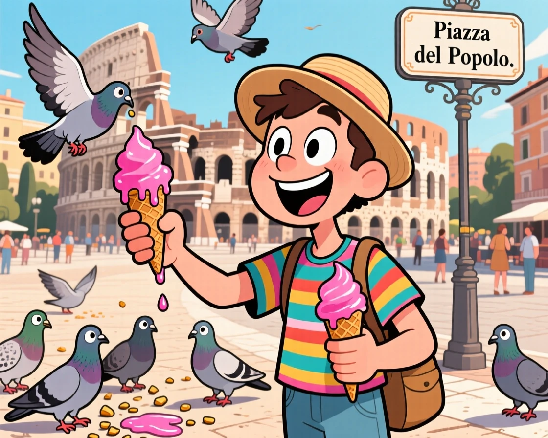 An iconic travel scene featuring a tourist feeding pigeons in a bustling plaza in Rome, gelato dripping down one hand.