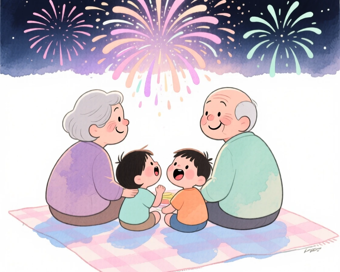 Grandparents with their grandchildren watching fireworks together on a picnic blanket