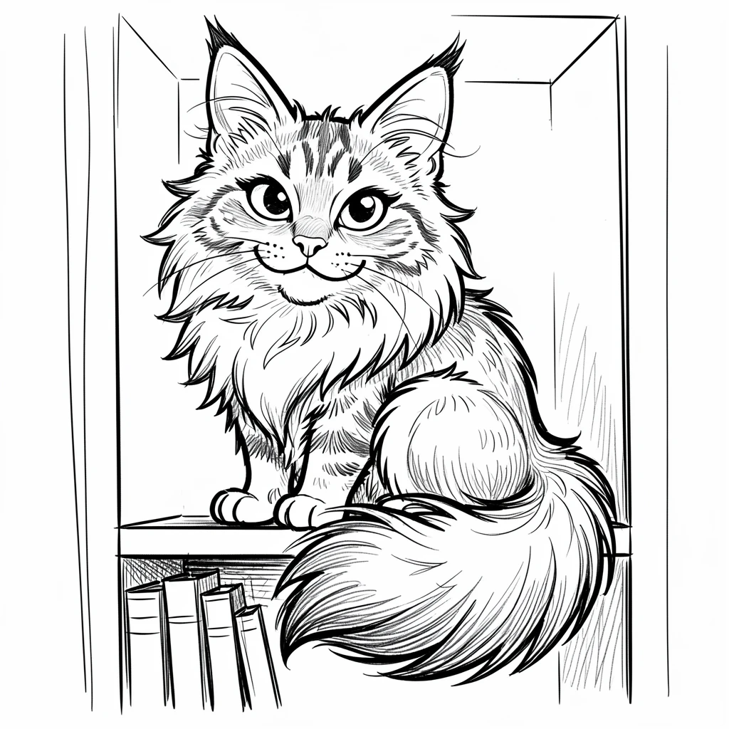 [Cute Animals & Pets] Adorable scene of a fluffy Maine Coon cat perched regally on a bookshelf, bursting with charm and playful energy