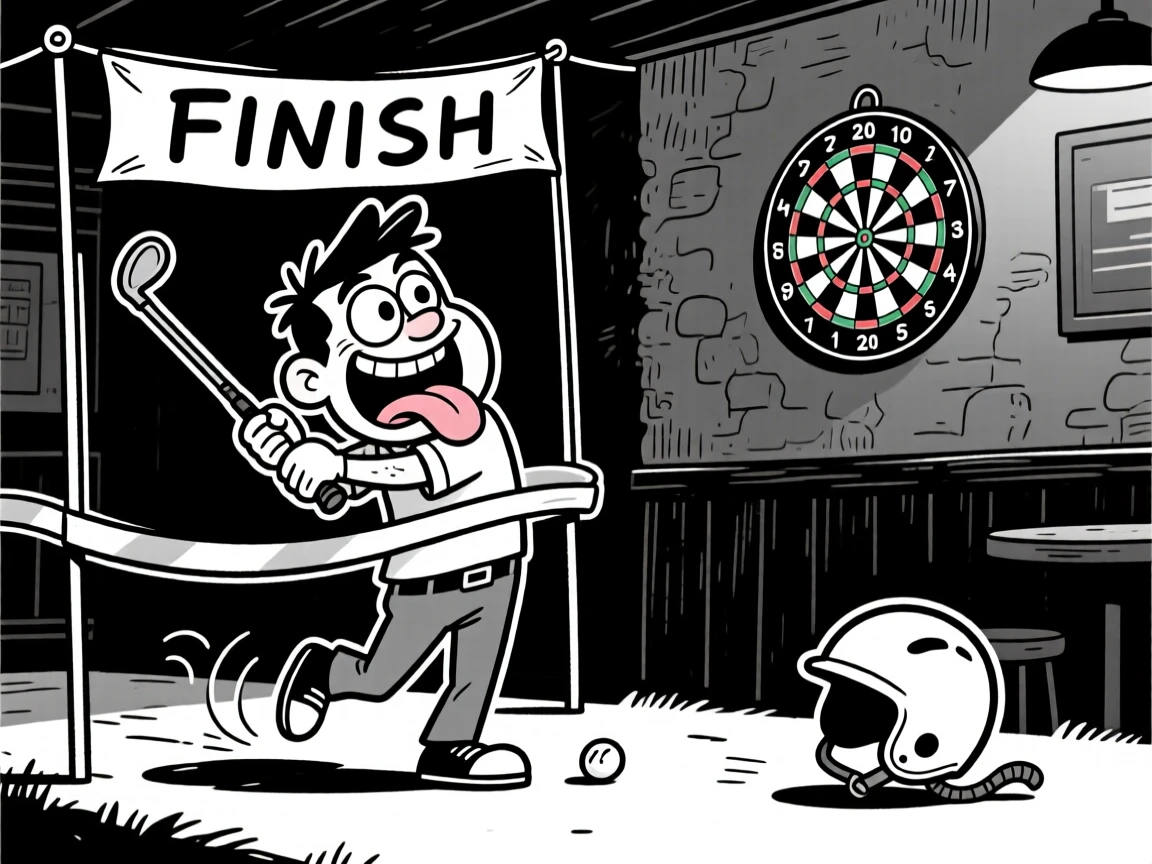 A determined golfer mid-swing with his tongue sticking out, collapsing happily just past the finish line, set at a dimly lit pub dartboard. A helmet rolls away in the opposite direction. The moment captures determination with a comic twist.
