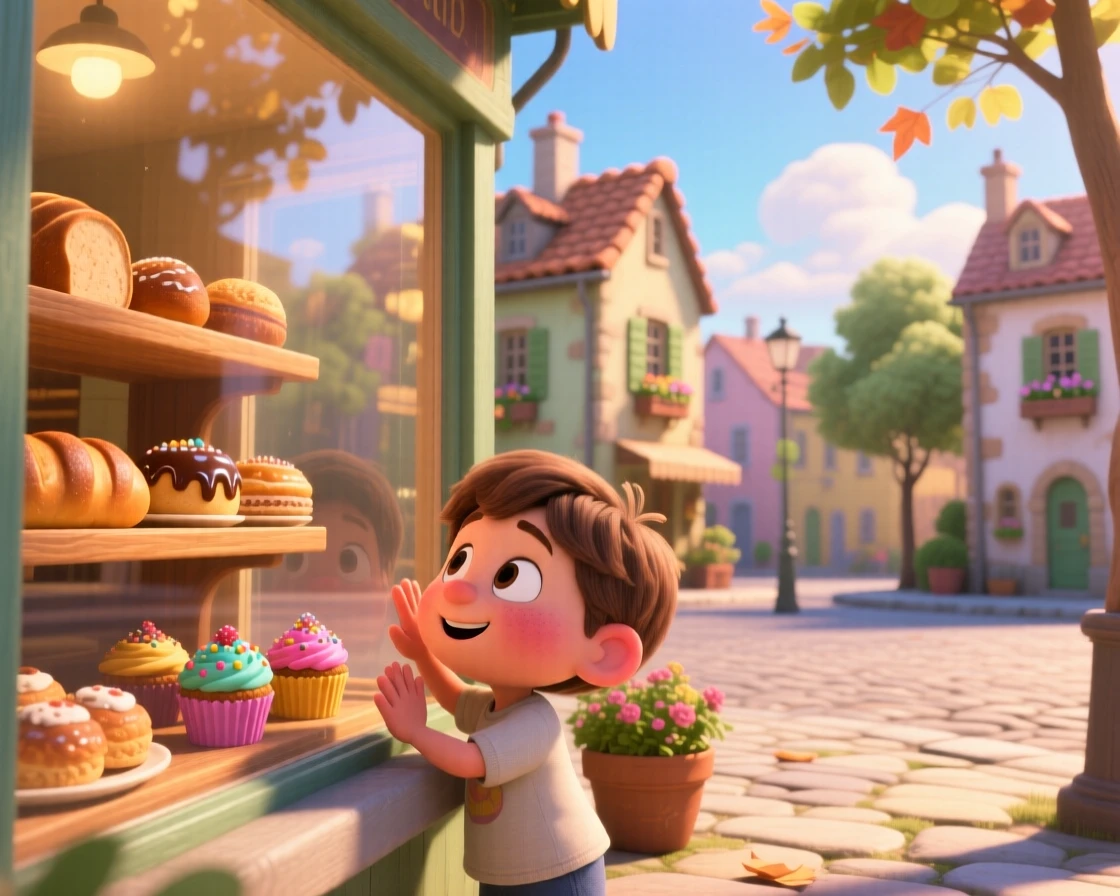 A child pressing their nose against a bakery window is captured at a village square during a quiet afternoon, with a light breeze stirring nearby leaves. A quiet, wholesome charm lingers over the moment.