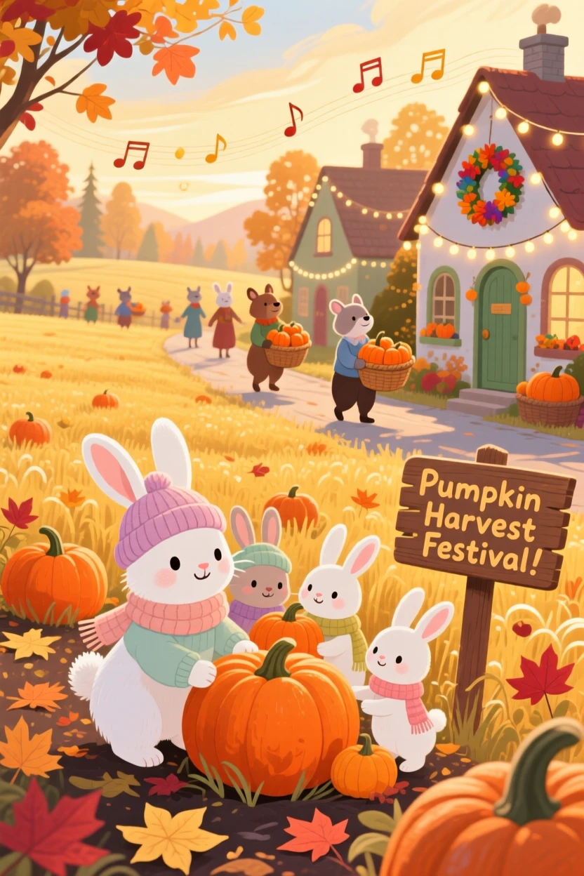 A family of snow rabbits gather in a festive village street, harvesting pumpkins in a golden autumn field, while soft carols play in the background.