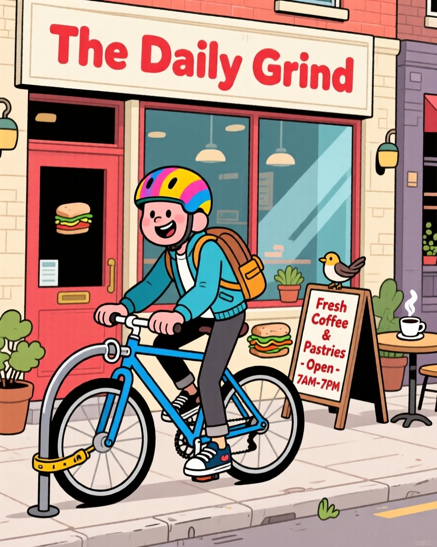 A commuter cyclist locking up their bike outside a cafe.
