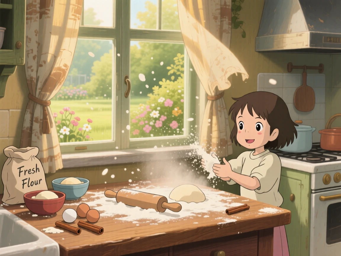 A warm, inviting scene of a kitchen counter dusted with flour mid-baking, as morning light streams through a nearby window.