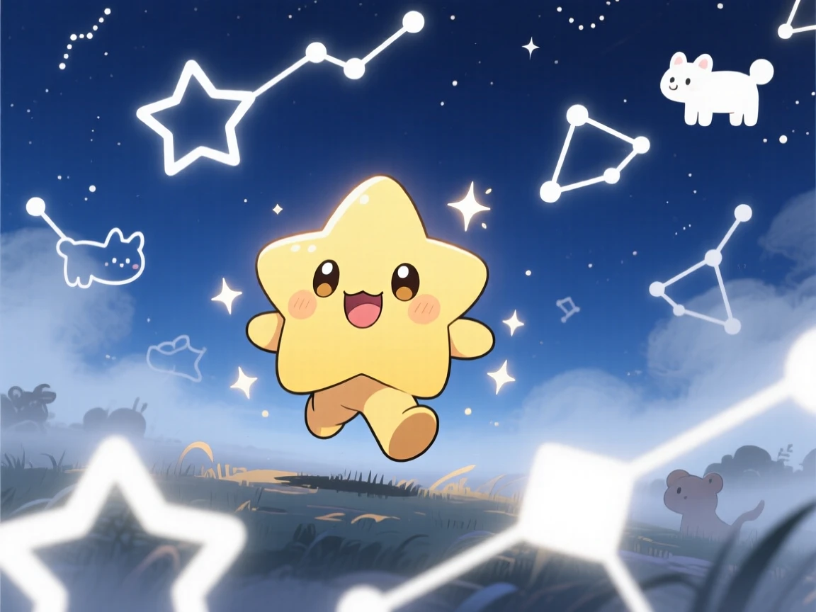 A tiny star creature hopping between constellations in a deep indigo night sky on a misty foggy morning; diffused overcast light washes over the scene as giggling amusement fills the moment. Low-angle shot looking up.