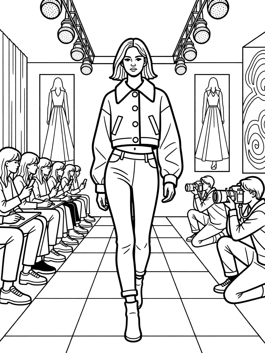 A cropped jacket with an oversized collar and statement buttons, photographed on a runway during a fashion show.