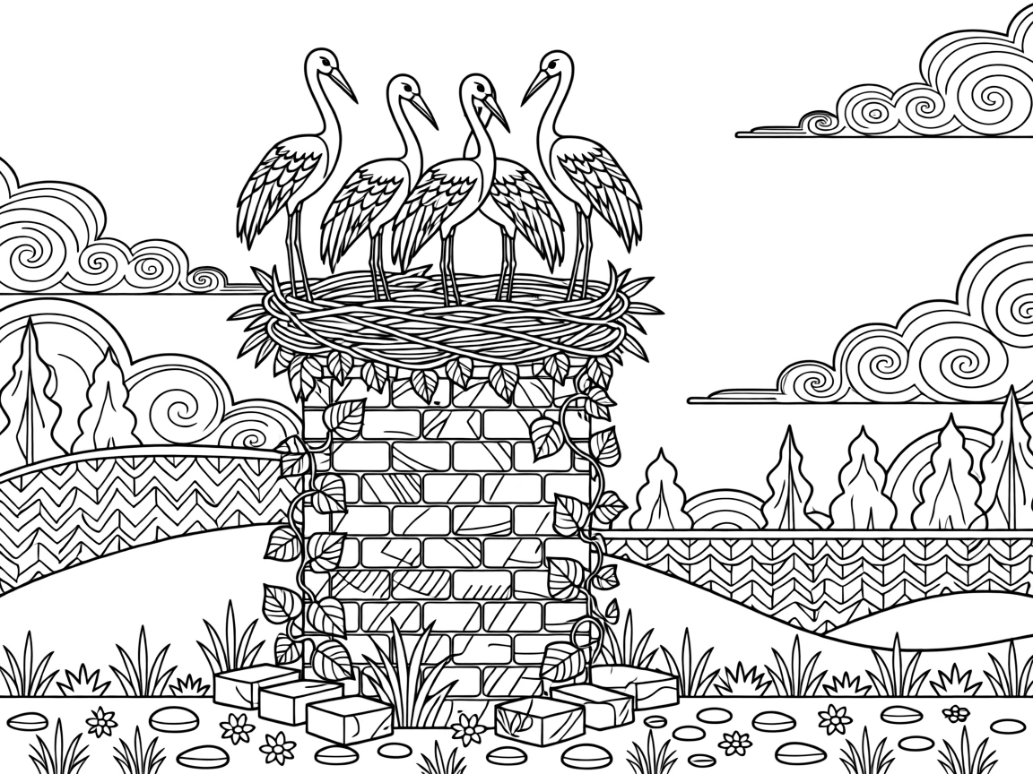 A group of storks nesting atop an old chimney.