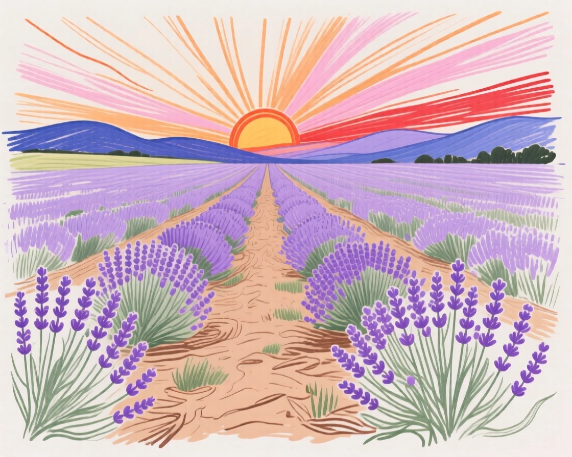 A field of lavender leading toward a sunset horizon.