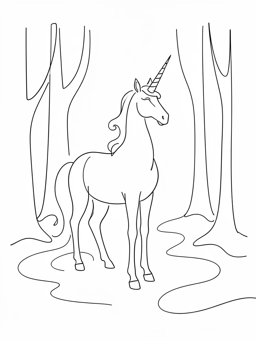 A unicorn standing in an enchanted forest clearing bathed in soft mist