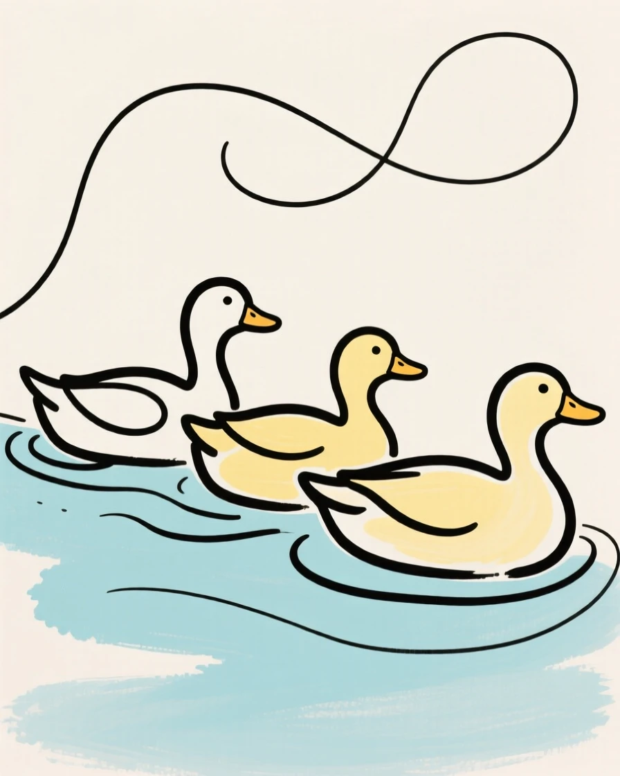 A duck family swimming in a row