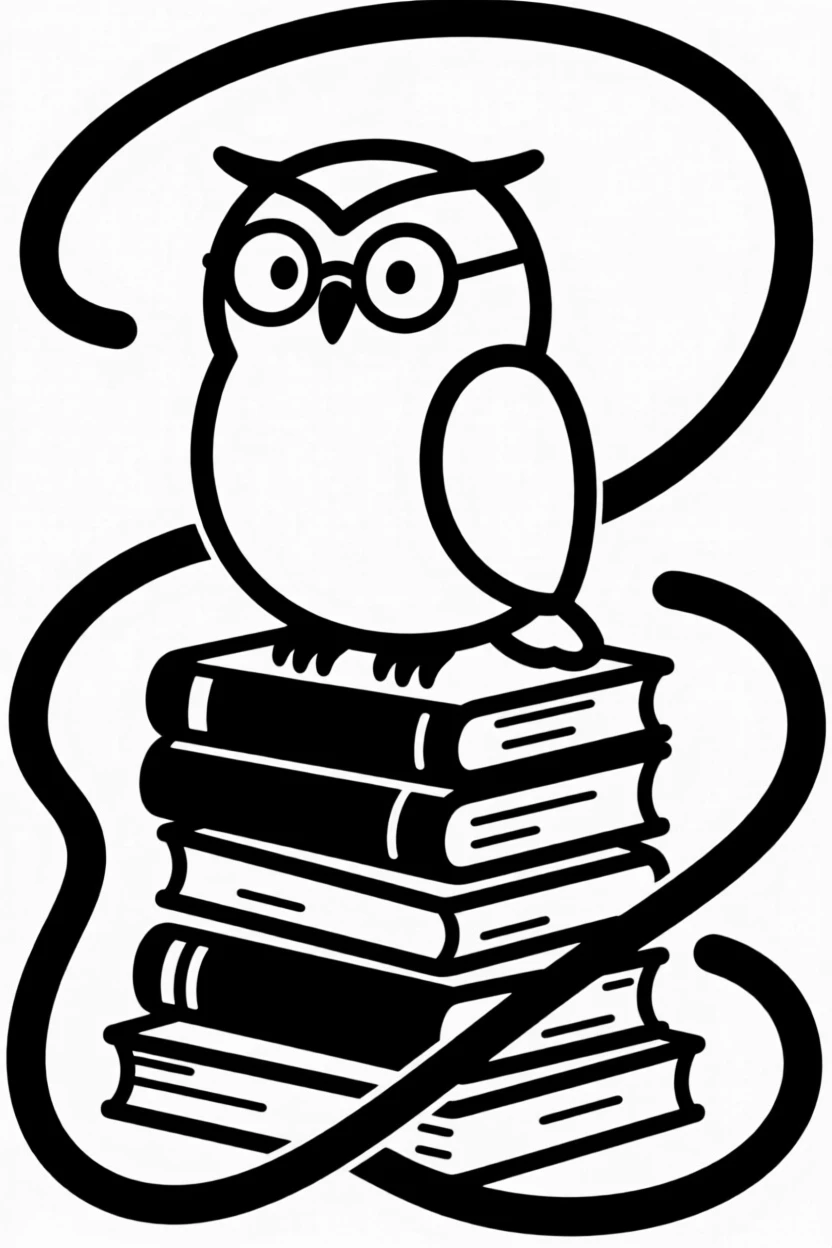 A round owl character wearing tiny reading glasses, perched on a stack of books.