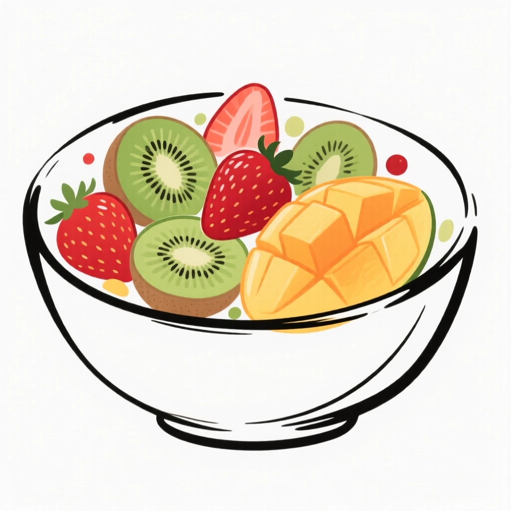 A bowl of fresh fruit salad with strawberries, kiwi, and mango.