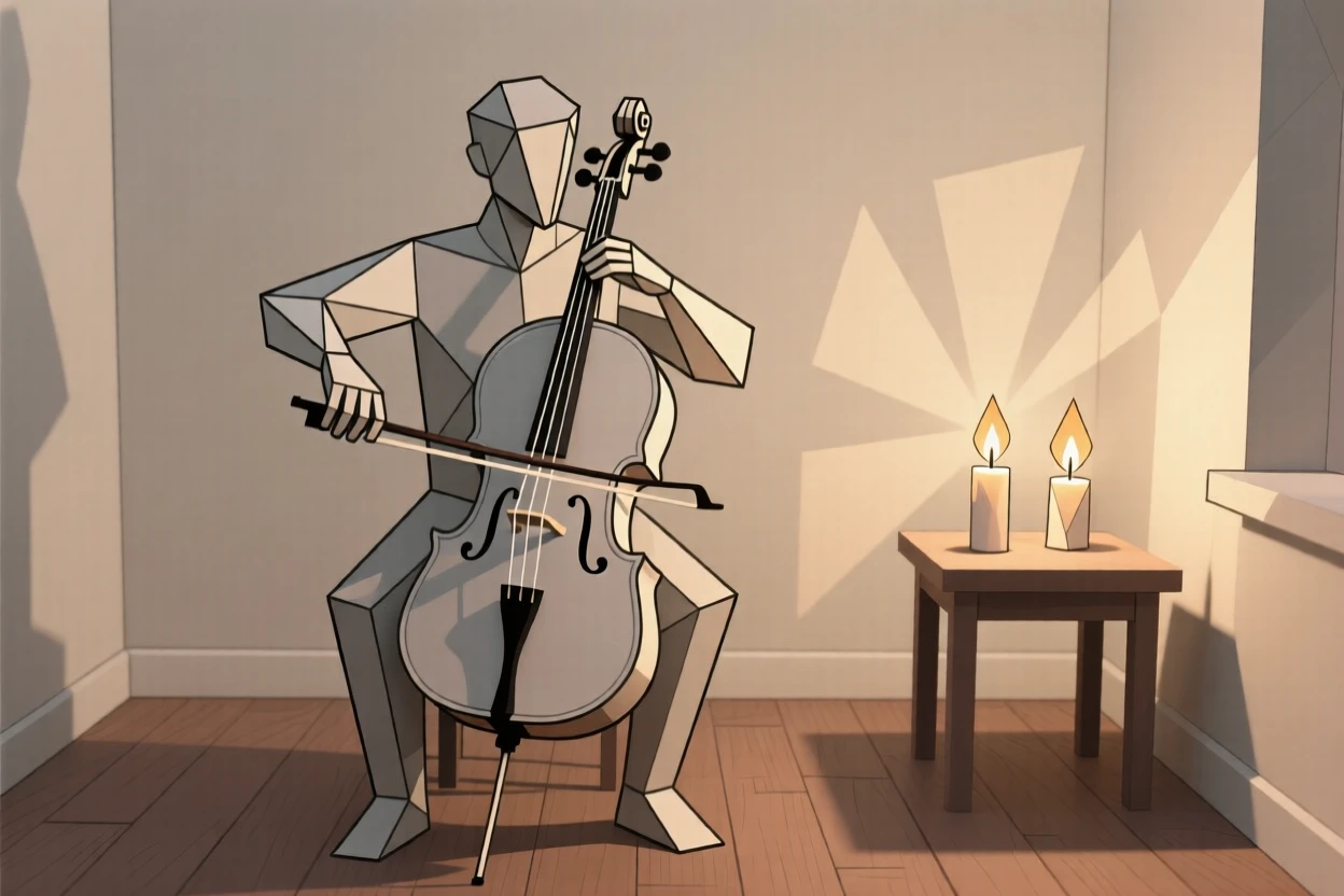 A cellist performing a solo in a candlelit room