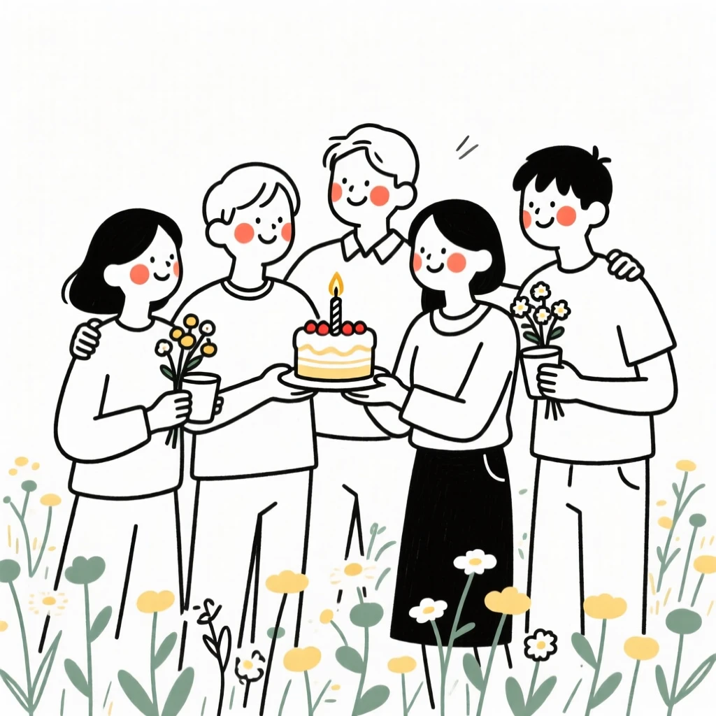Close friends celebrating a milestone birthday, in a field of wildflowers.
