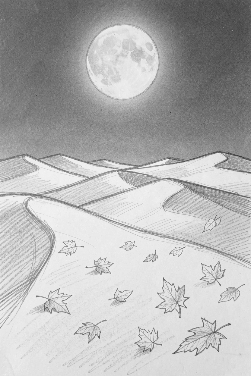 A vast desert of rolling dunes, illuminated by a brilliant full moon, with autumn leaves drifting on the breeze.