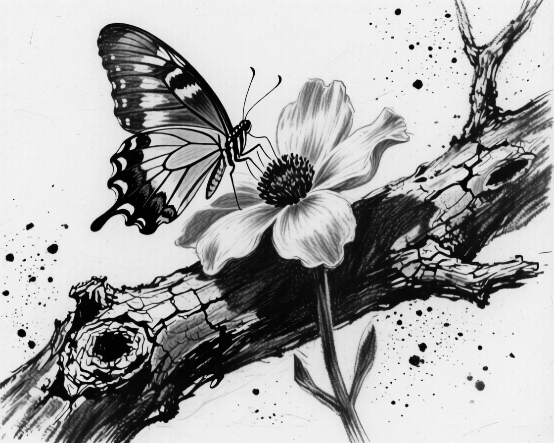 A butterfly resting on a flower perched on a weathered tree branch.