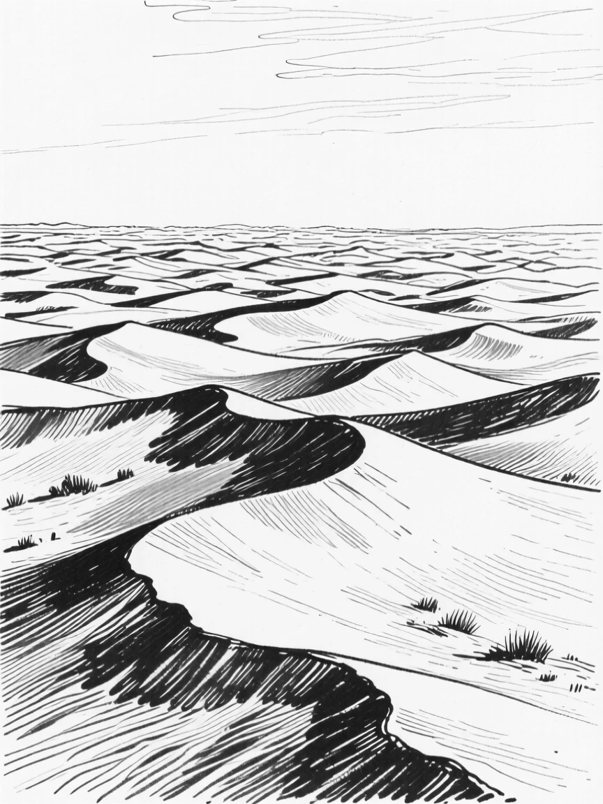 A vast desert landscape with rippling sand dunes stretching to the horizon.
