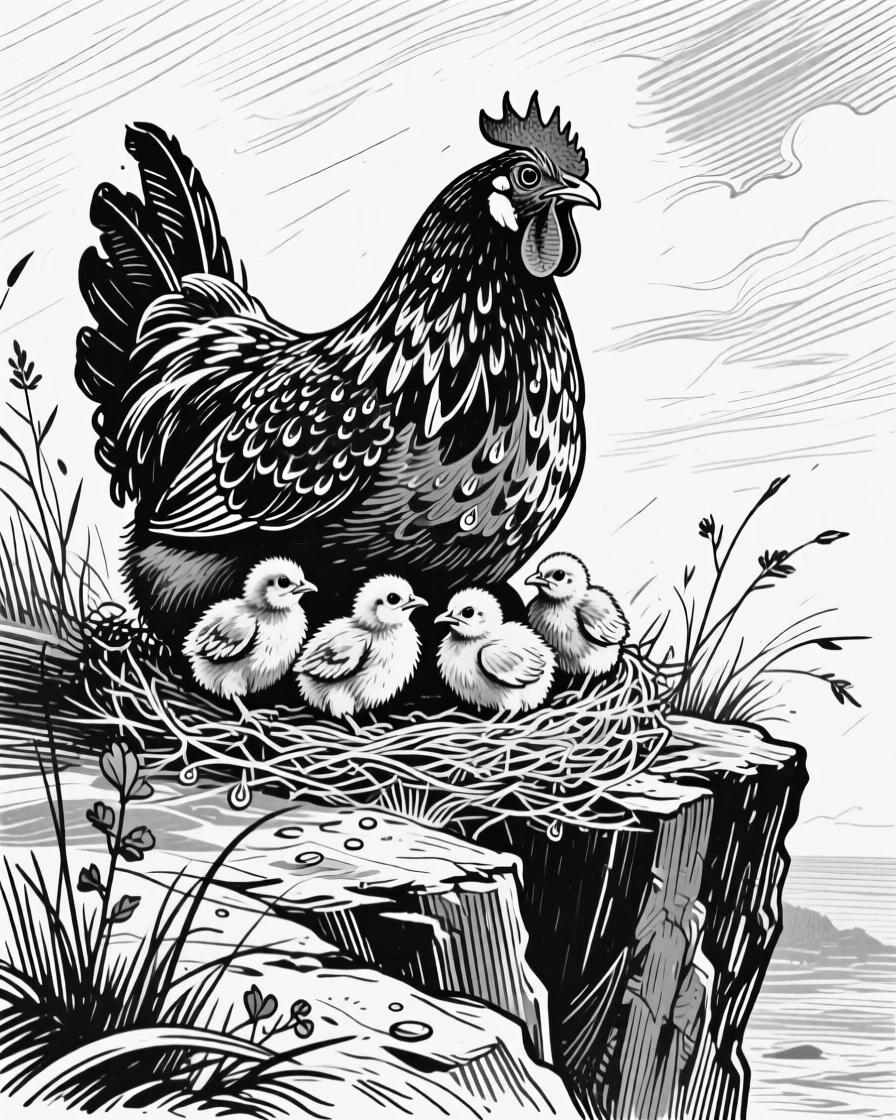 A nesting hen with chicks on a windswept cliff, with droplets of water clinging to its coat, capturing a noble and powerful moment in nature with a strong, centered focal point.