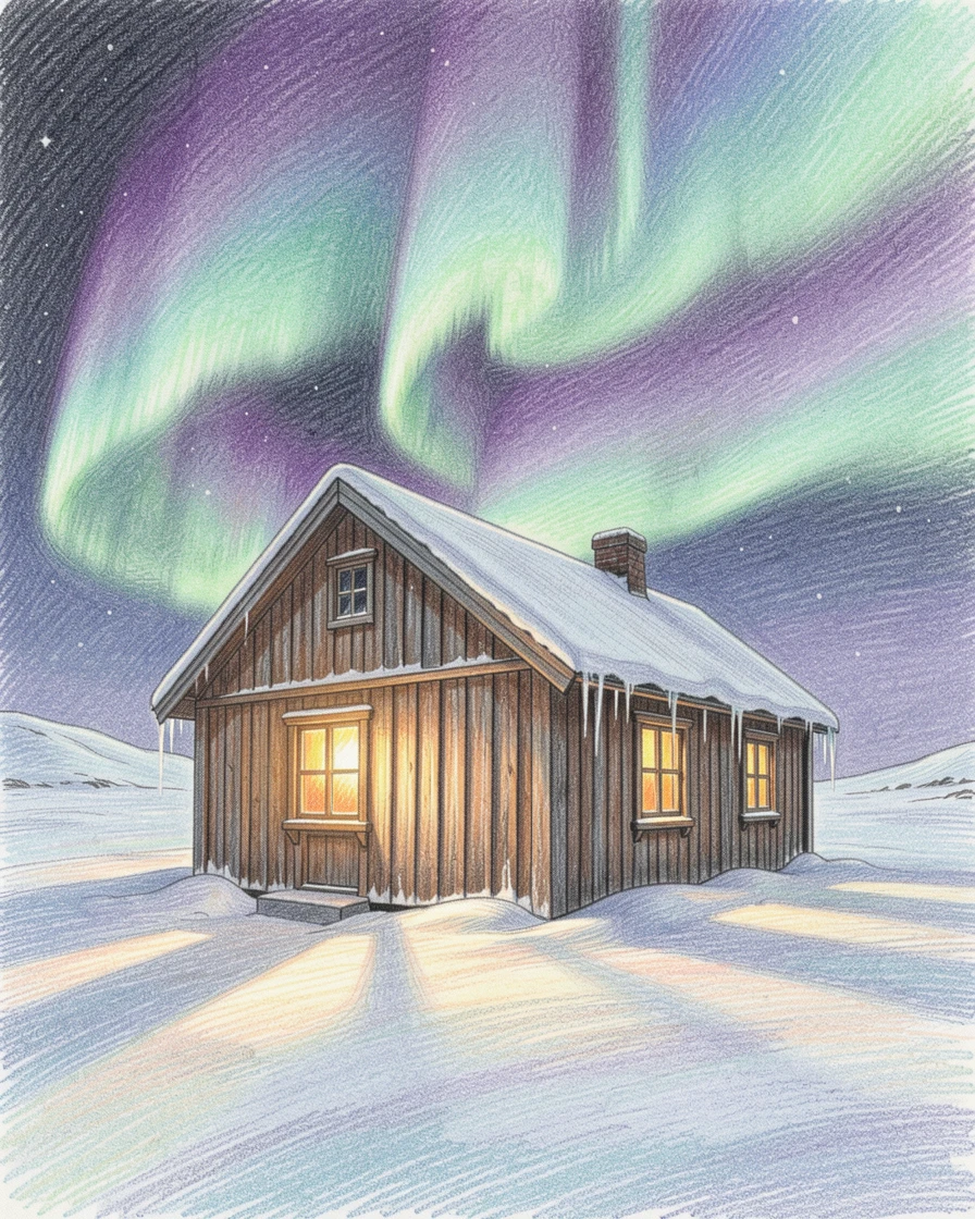 The Northern Lights dancing above a snow-covered Icelandic cabin, with warm light casting long shadows across the scene, full of romance and quiet awe.