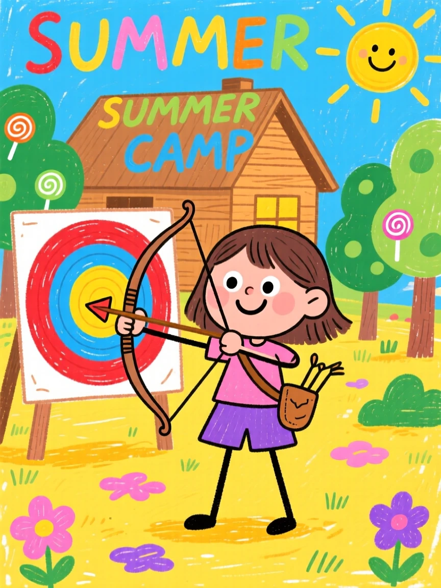 A girl practicing archery at a summer camp.