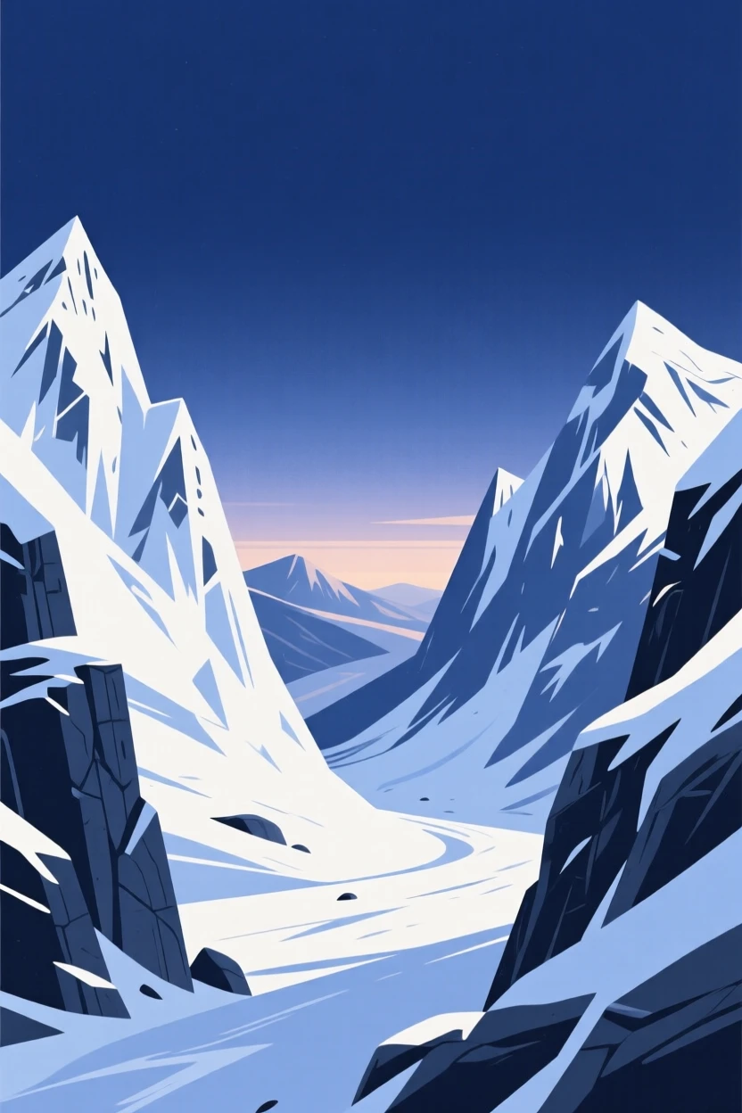 A high mountain pass framed by jagged snowy peaks, under a deep indigo twilight sky, framed with a wide sweeping panoramic view, with a fresh, crisp clarity that highlights every detail.