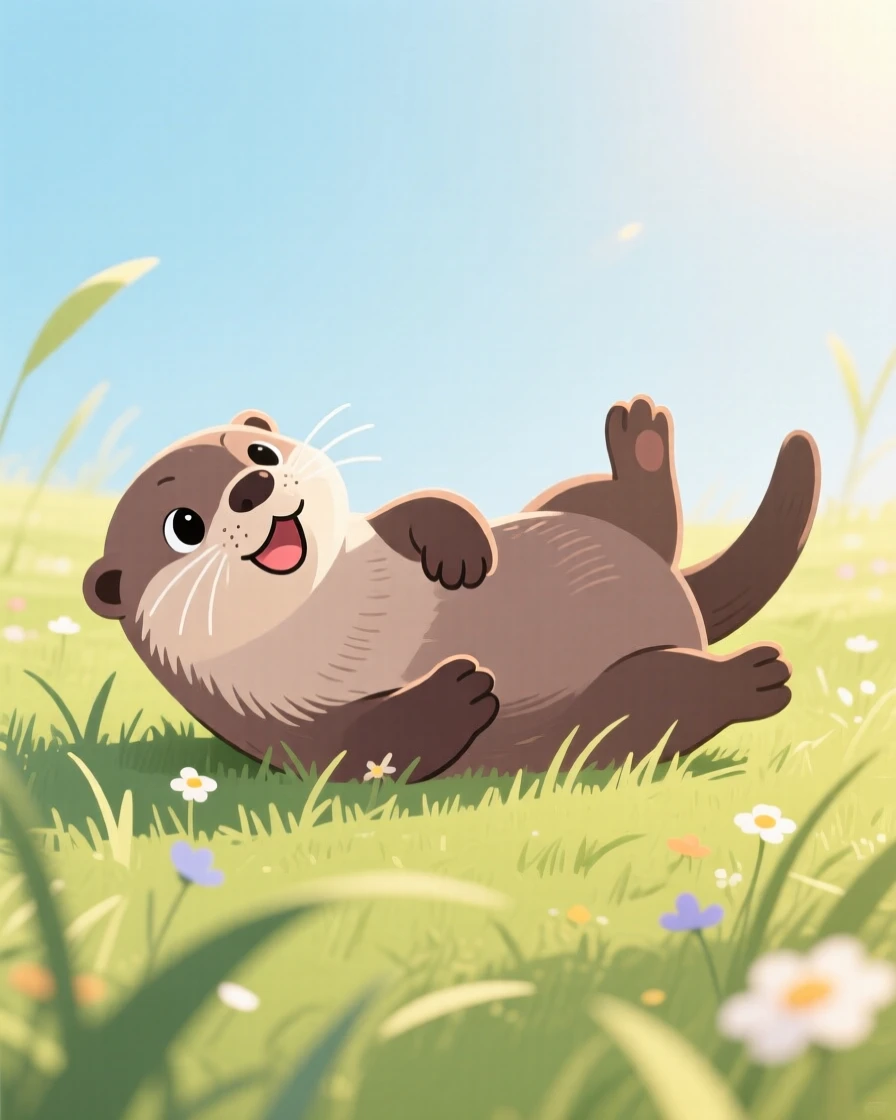 A playful otter pup rolling in the grass in a sunny meadow.