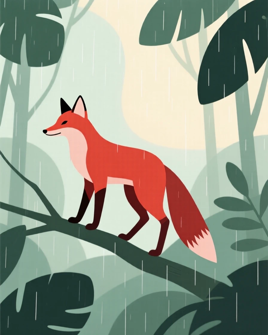 A curious red fox pausing in a rainforest canopy, with soft morning light in the background, radiating wild freedom.