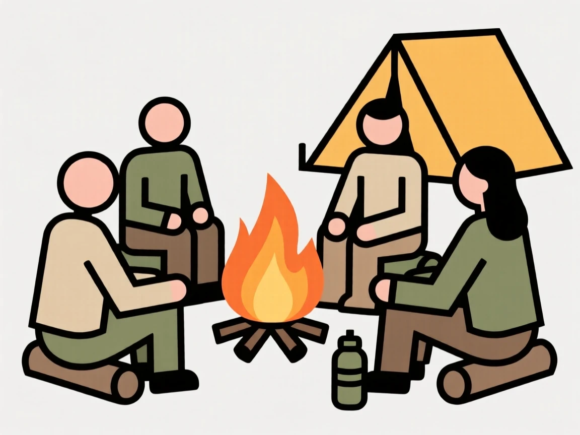 A group of friends camping around a bonfire