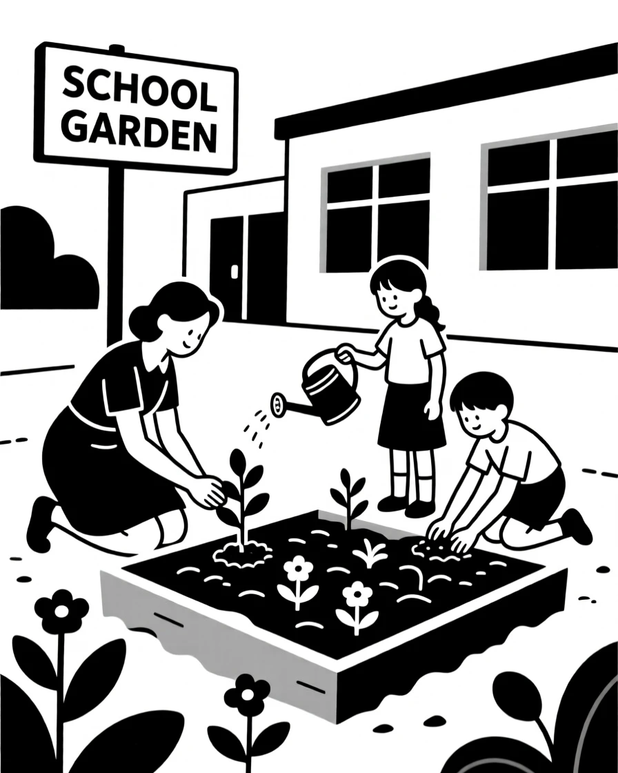 A teacher and students planting a school garden.