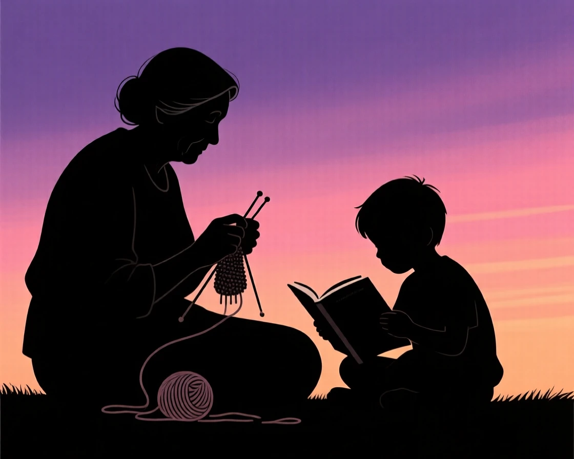 A grandmother knitting beside a young grandchild curled up reading a picture book.