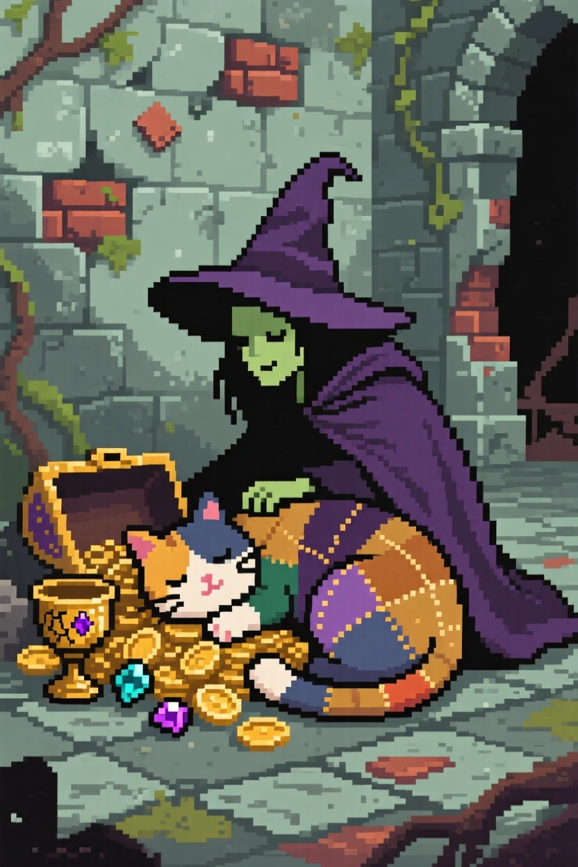 A witch with a patchwork cat napping curled around a treasure hoard, inside a crumbling castle courtyard.