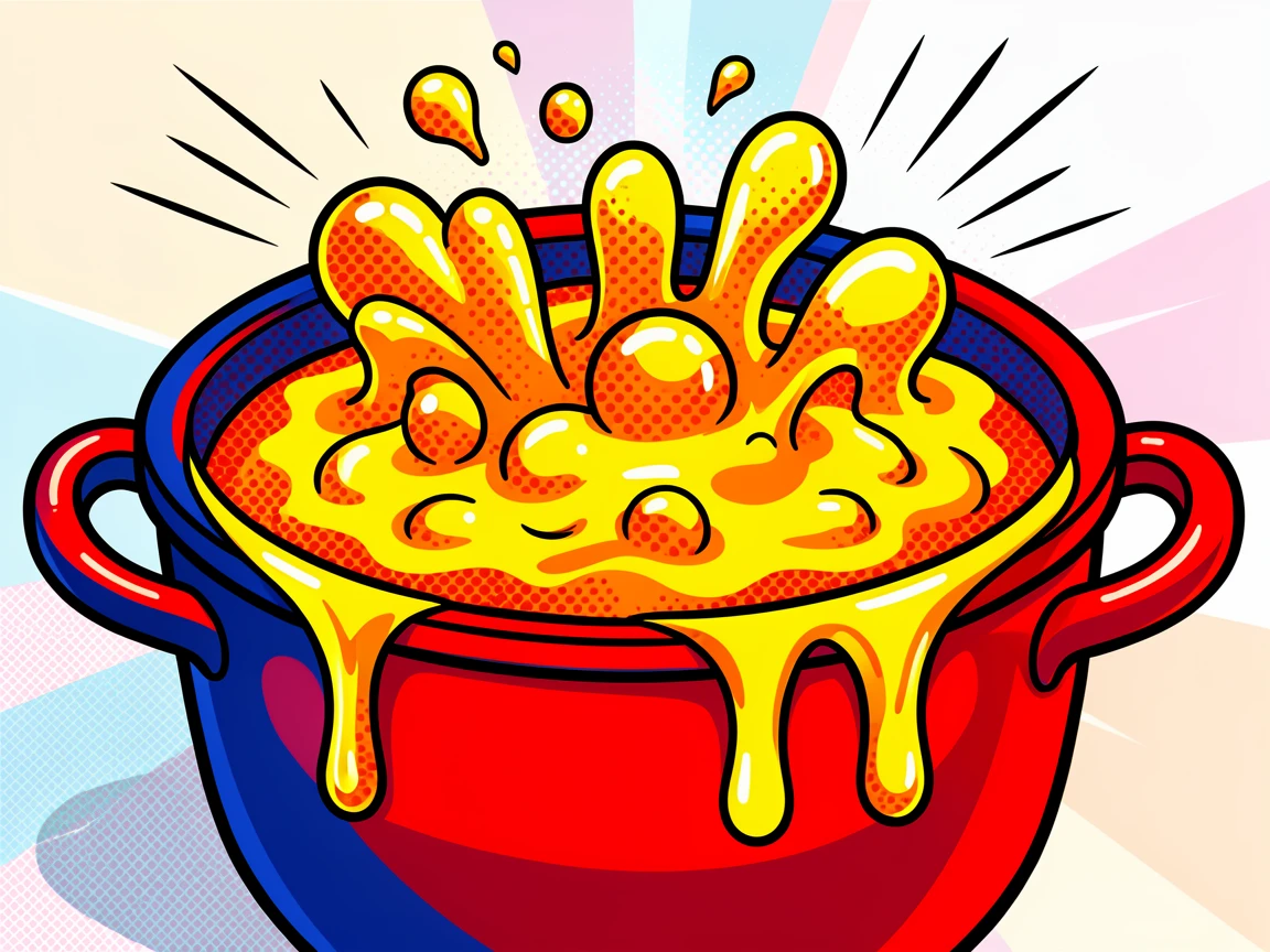 A bubbling pot of cheese fondue photographed up close in soft natural light